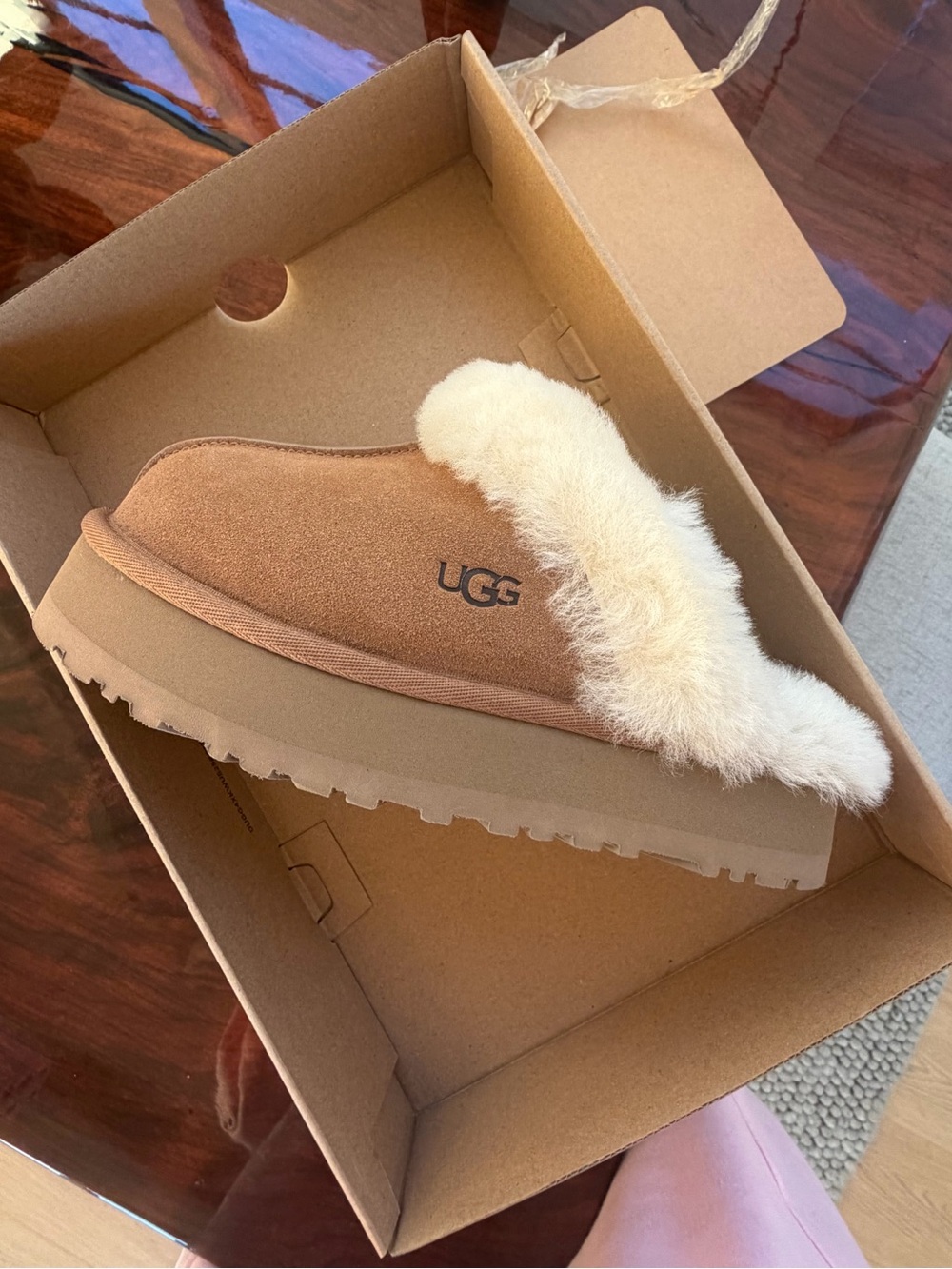 UGG Chestnut Suede Shearling Mule in Chestnut and Cream